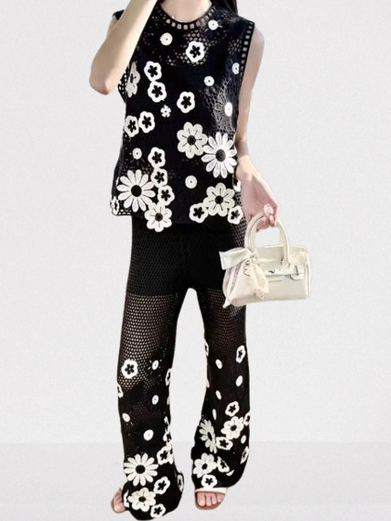 Floral-Embroidered Crochet Knit Top and Pant Set - Suits & Sets