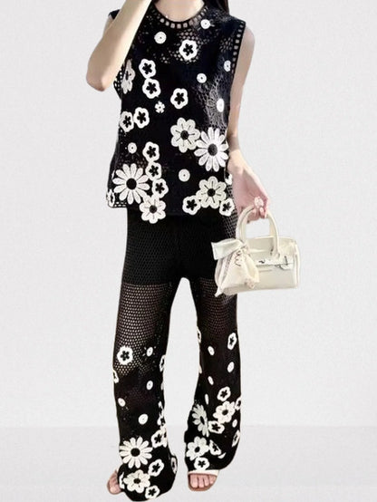 Floral-Embroidered Crochet Knit Top and Pant Set - Suits & Sets
