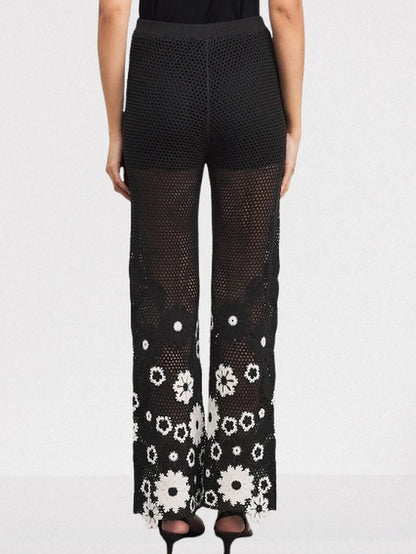 Floral-Embroidered Crochet Knit Top and Pant Set - Suits & Sets