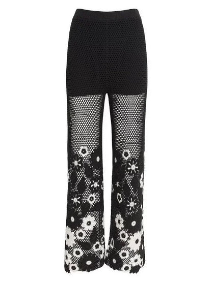 Floral-Embroidered Crochet Knit Top and Pant Set - Suits & Sets