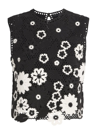 Floral-Embroidered Crochet Knit Top and Pant Set - Suits & Sets