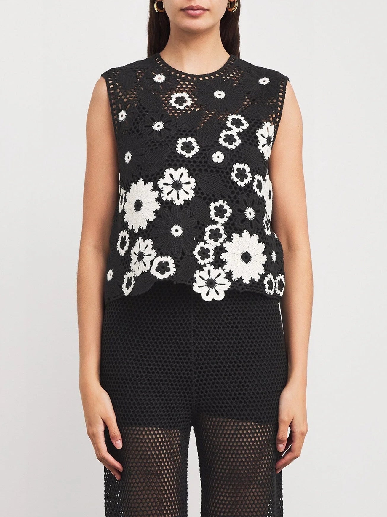 Floral-Embroidered Crochet Knit Top and Pant Set - Suits & Sets