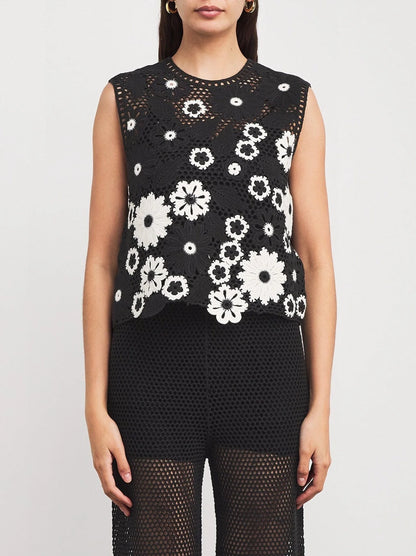 Floral-Embroidered Crochet Knit Top and Pant Set - Suits & Sets