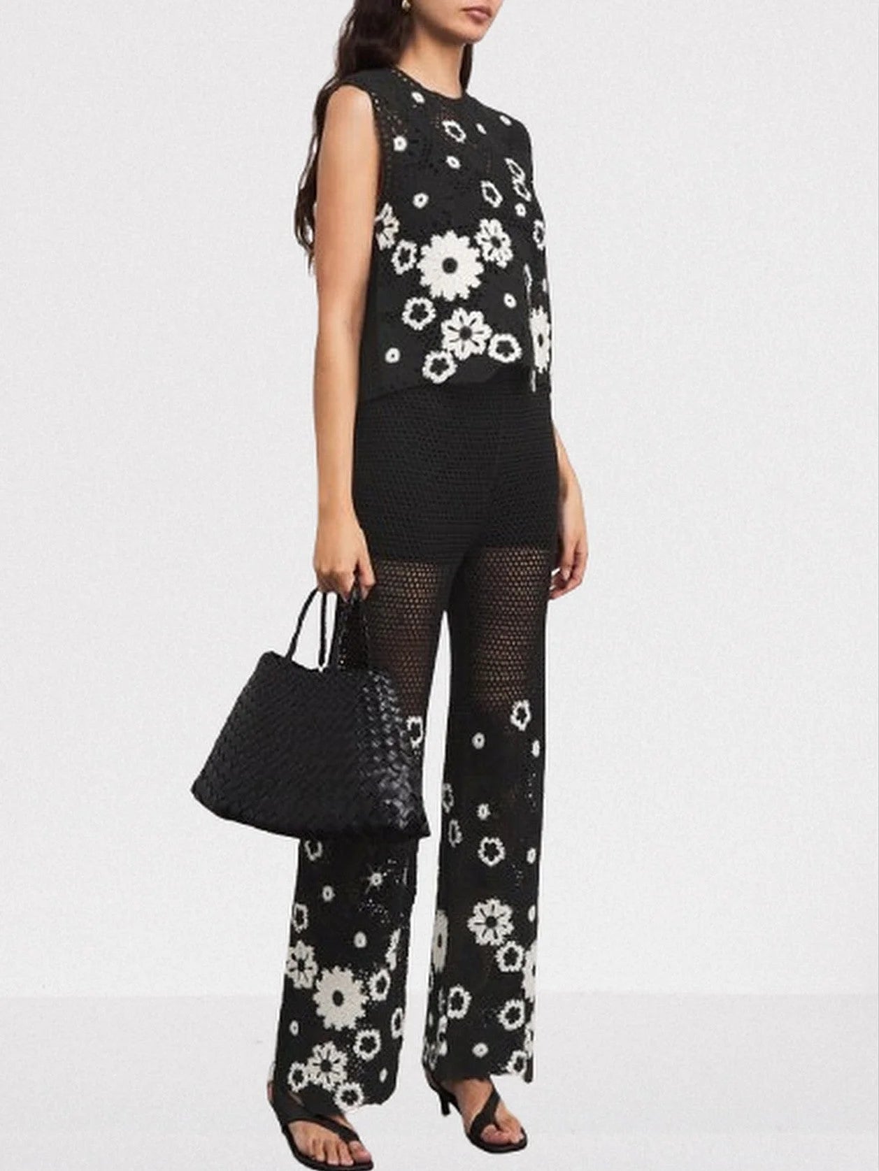 Floral-Embroidered Crochet Knit Top and Pant Set - Suits & Sets