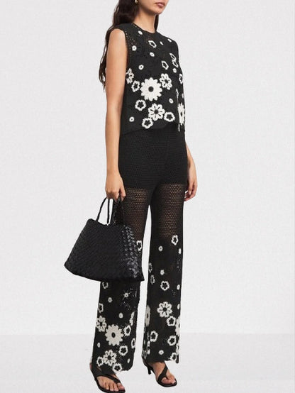 Floral-Embroidered Crochet Knit Top and Pant Set - Suits & Sets