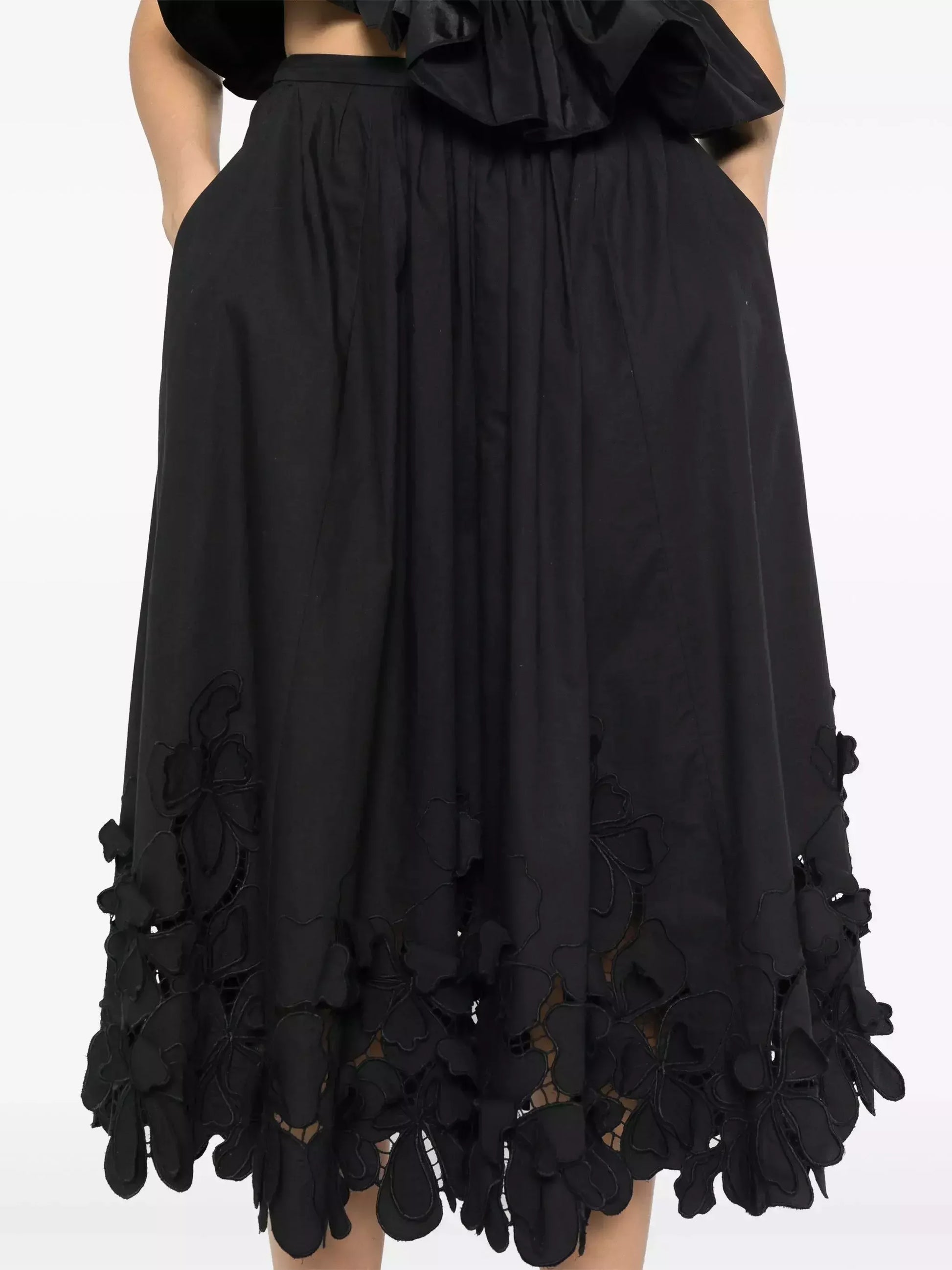 Floral-Embroidered Midi Skirt in Black - Skirts