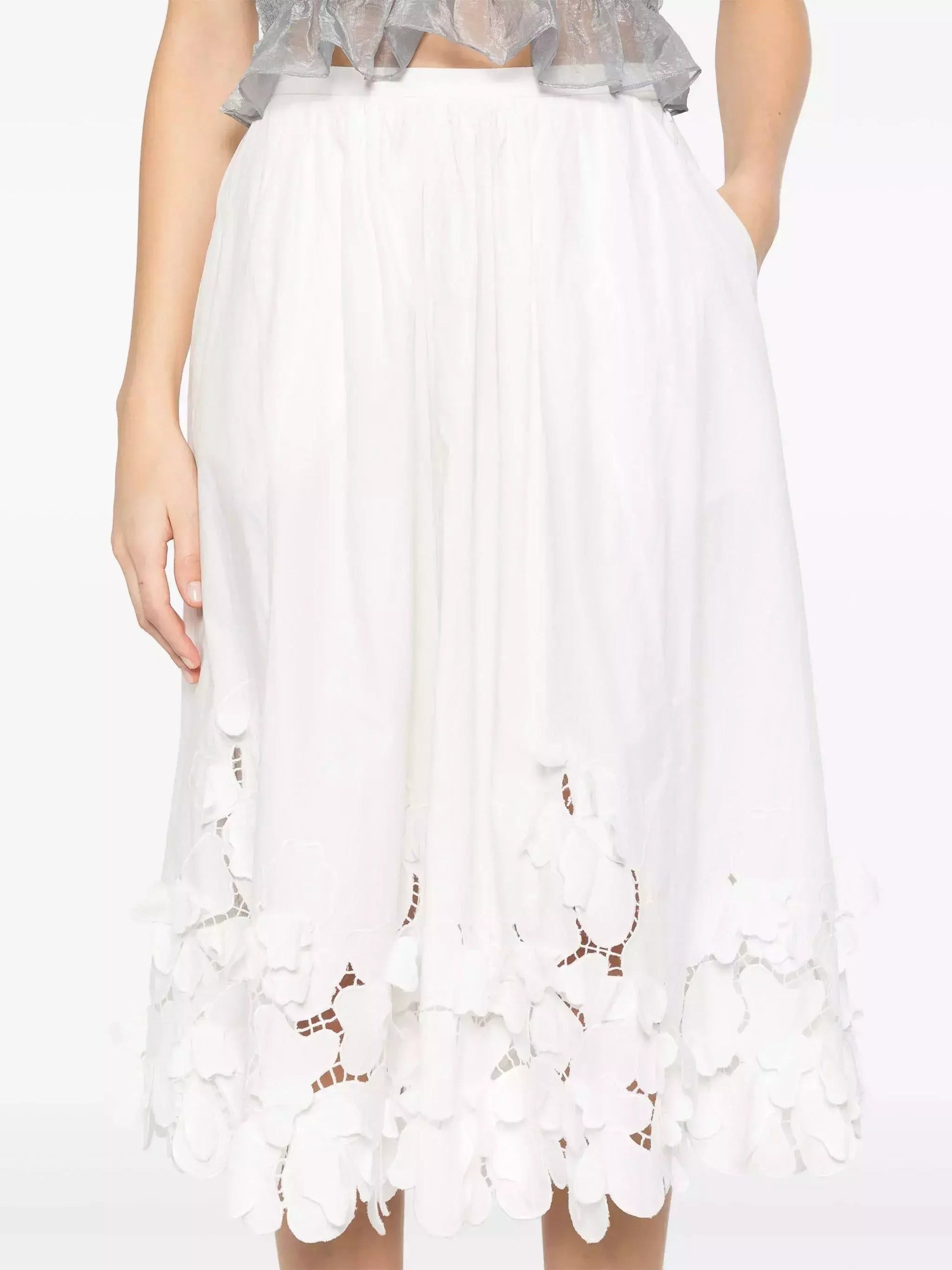 Floral-Embroidered Midi Skirt in White - Skirts
