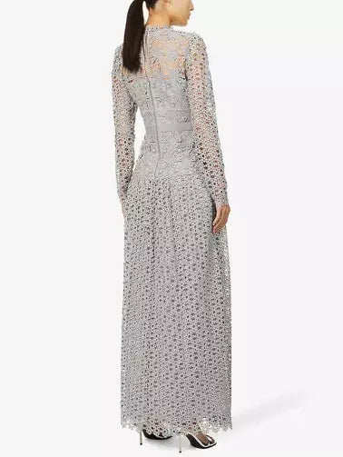 Floral-Embroidered Semi-Sheer Lace Gown in Gray - Branna Couture