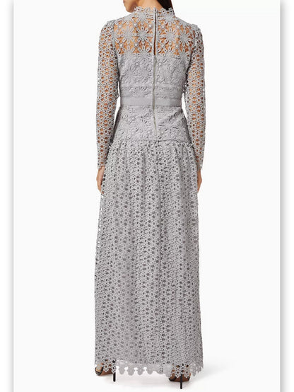 Floral-Embroidered Semi-Sheer Lace Gown in Gray - Branna Couture