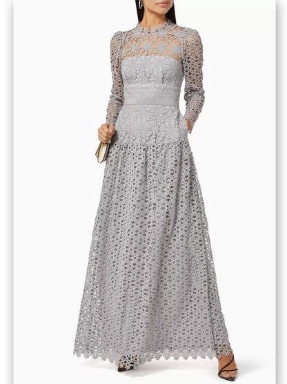 Floral-Embroidered Semi-Sheer Lace Gown in Gray - Branna Couture