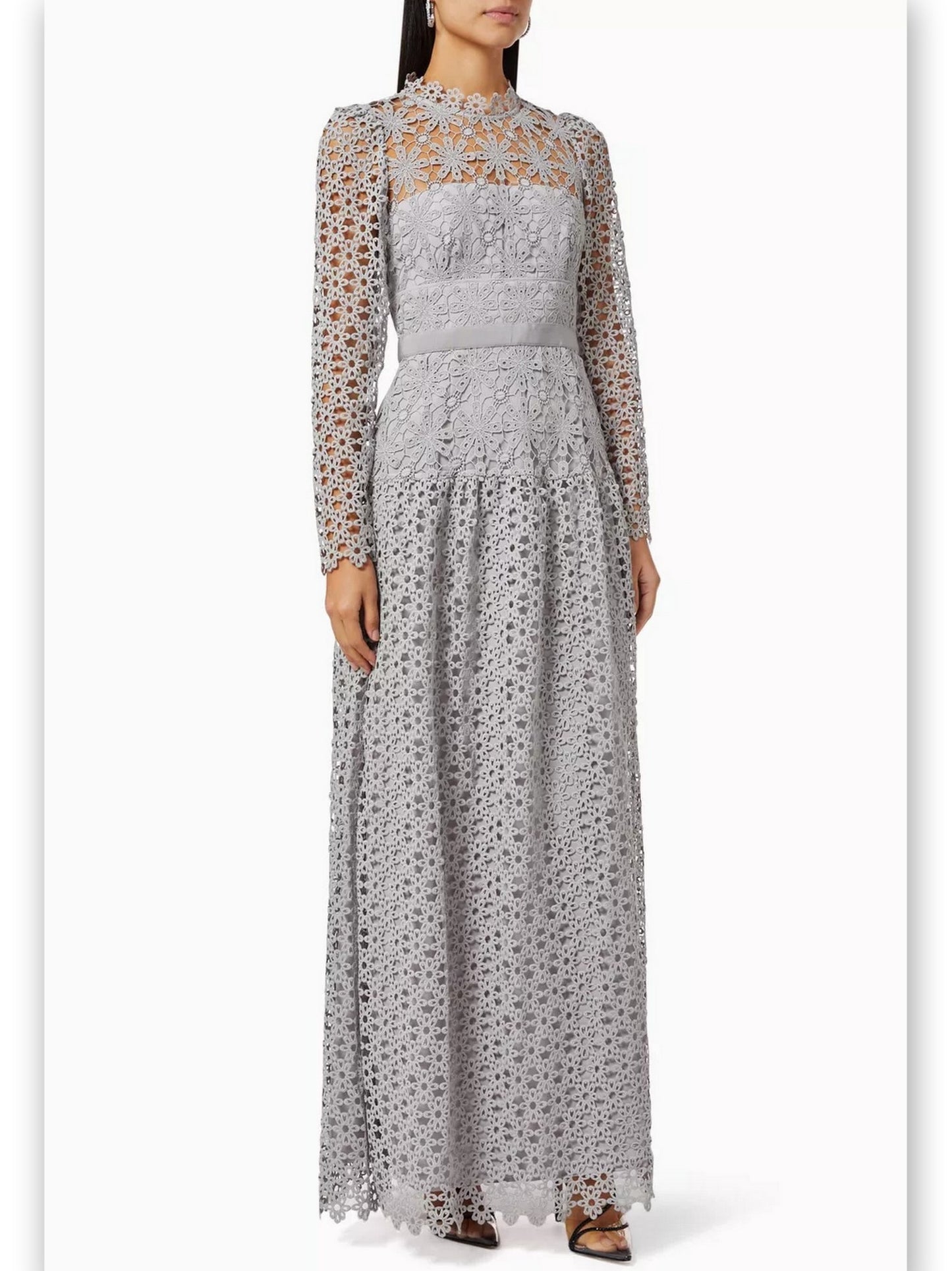 Floral-Embroidered Semi-Sheer Lace Gown in Gray - Branna Couture