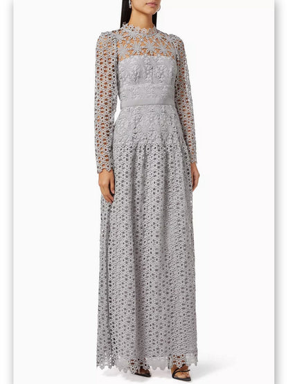 Floral-Embroidered Semi-Sheer Lace Gown in Gray - Branna Couture