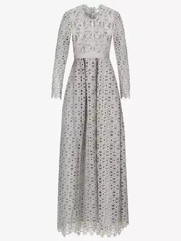 Floral-Embroidered Semi-Sheer Lace Gown in Gray - Branna Couture