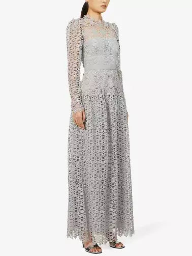 Floral-Embroidered Semi-Sheer Lace Gown in Gray - Branna Couture