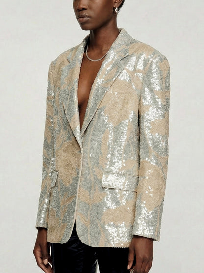 Floral-Embroidered Sequin-Embellished Linen Jacket
