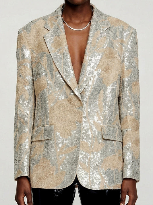 Floral-Embroidered Sequin-Embellished Linen Jacket