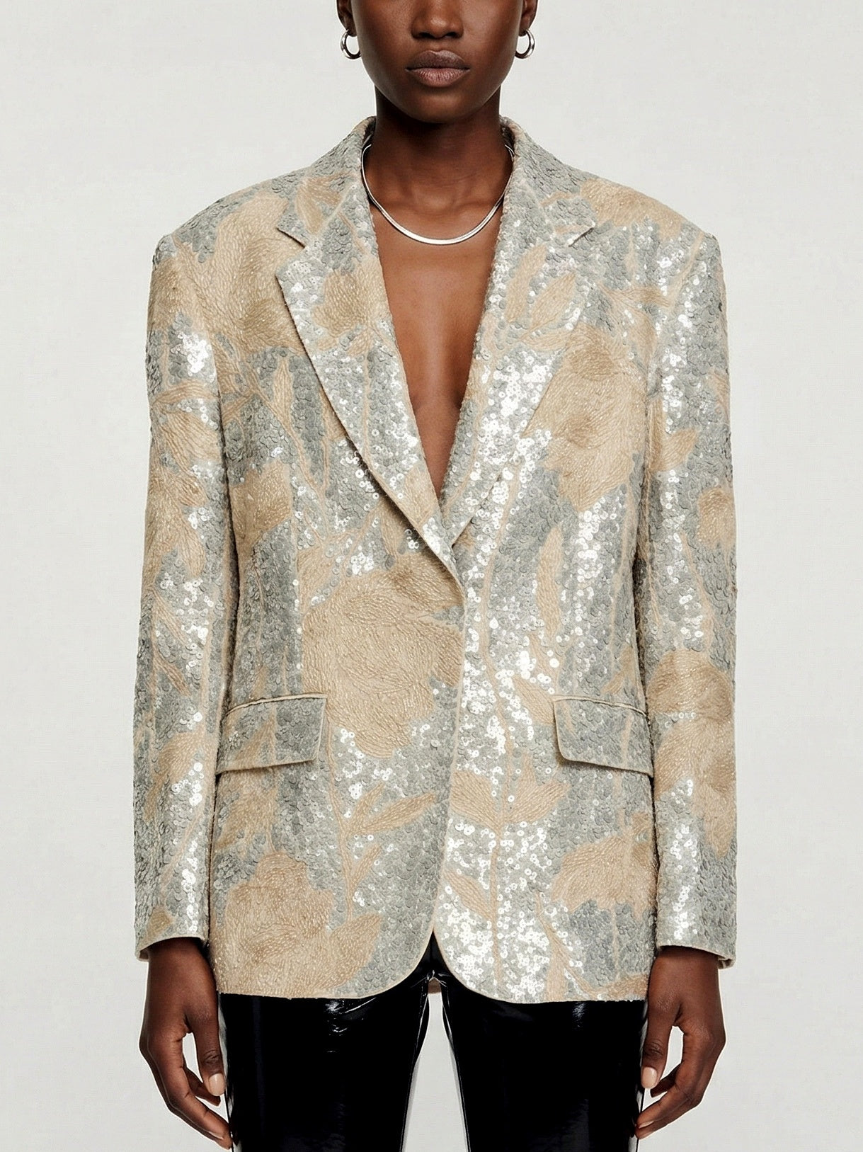 Floral-Embroidered Sequin-Embellished Linen Jacket