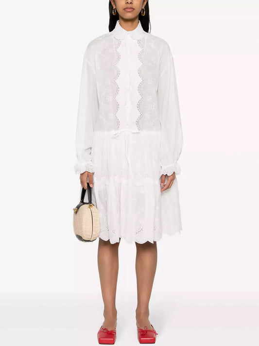Floral-Embroidered Short White Dress - S - Dresses