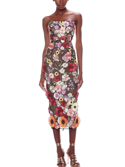 Floral-Embroidered Strapless Midi Dress