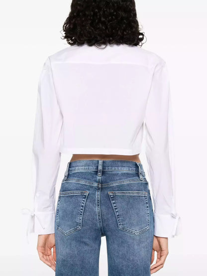 Floral-Embroidered Tie-Waist White Shirt - Tops