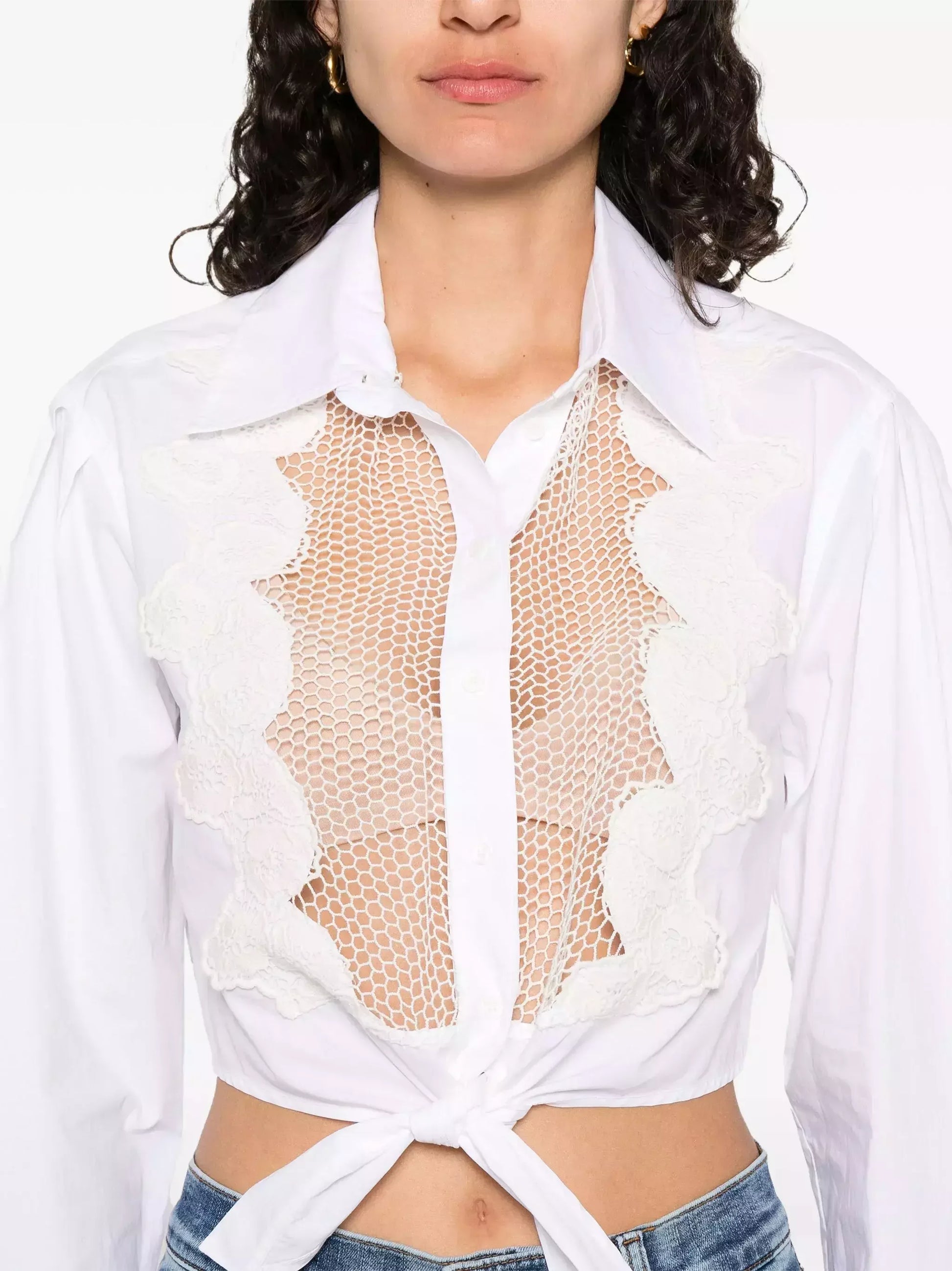 Floral-Embroidered Tie-Waist White Shirt - Tops