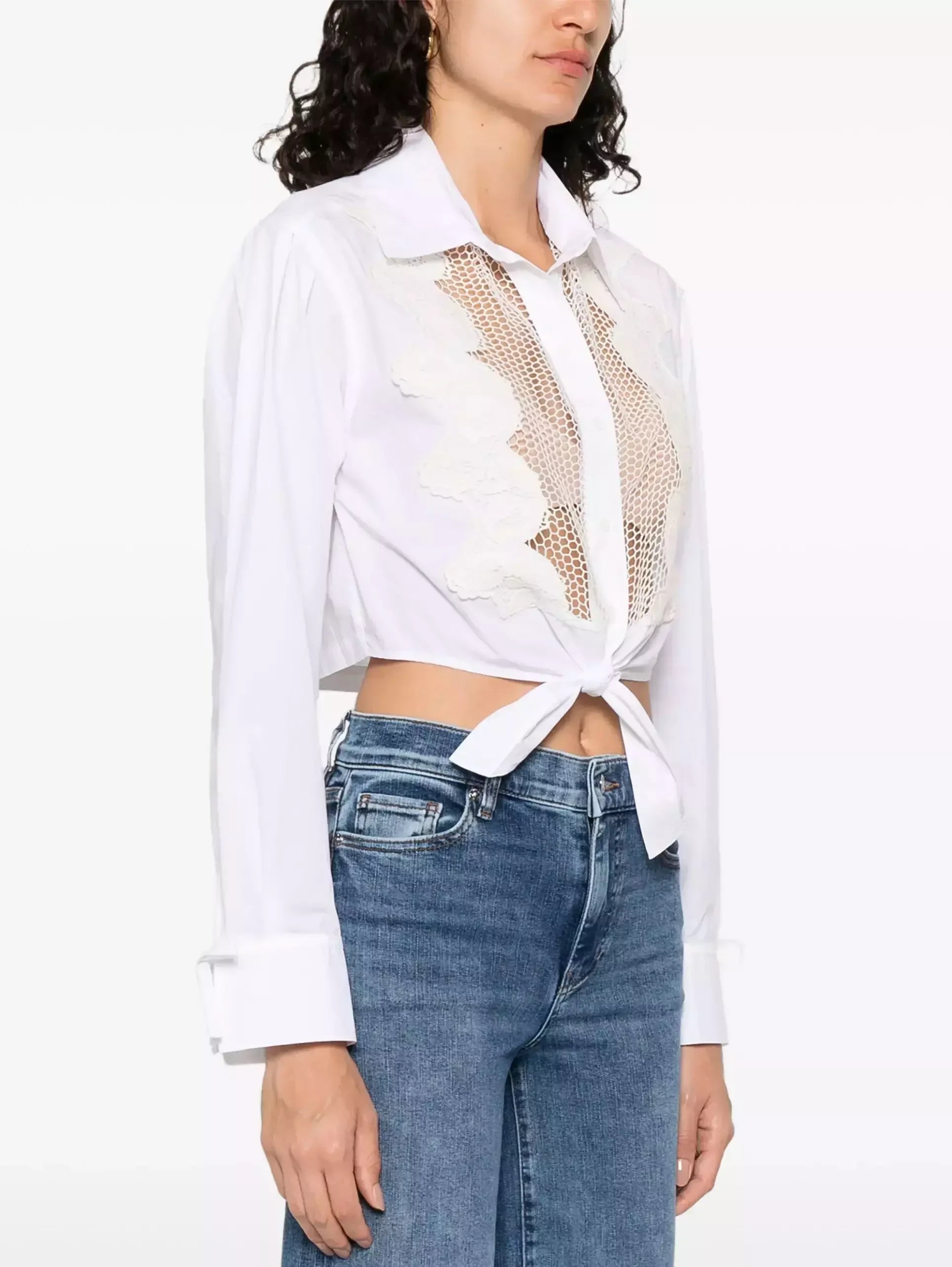 Floral-Embroidered Tie-Waist White Shirt - Tops