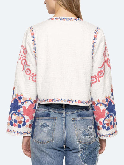 Floral-Embroidered White Cotton Copped Jacket - Jackets