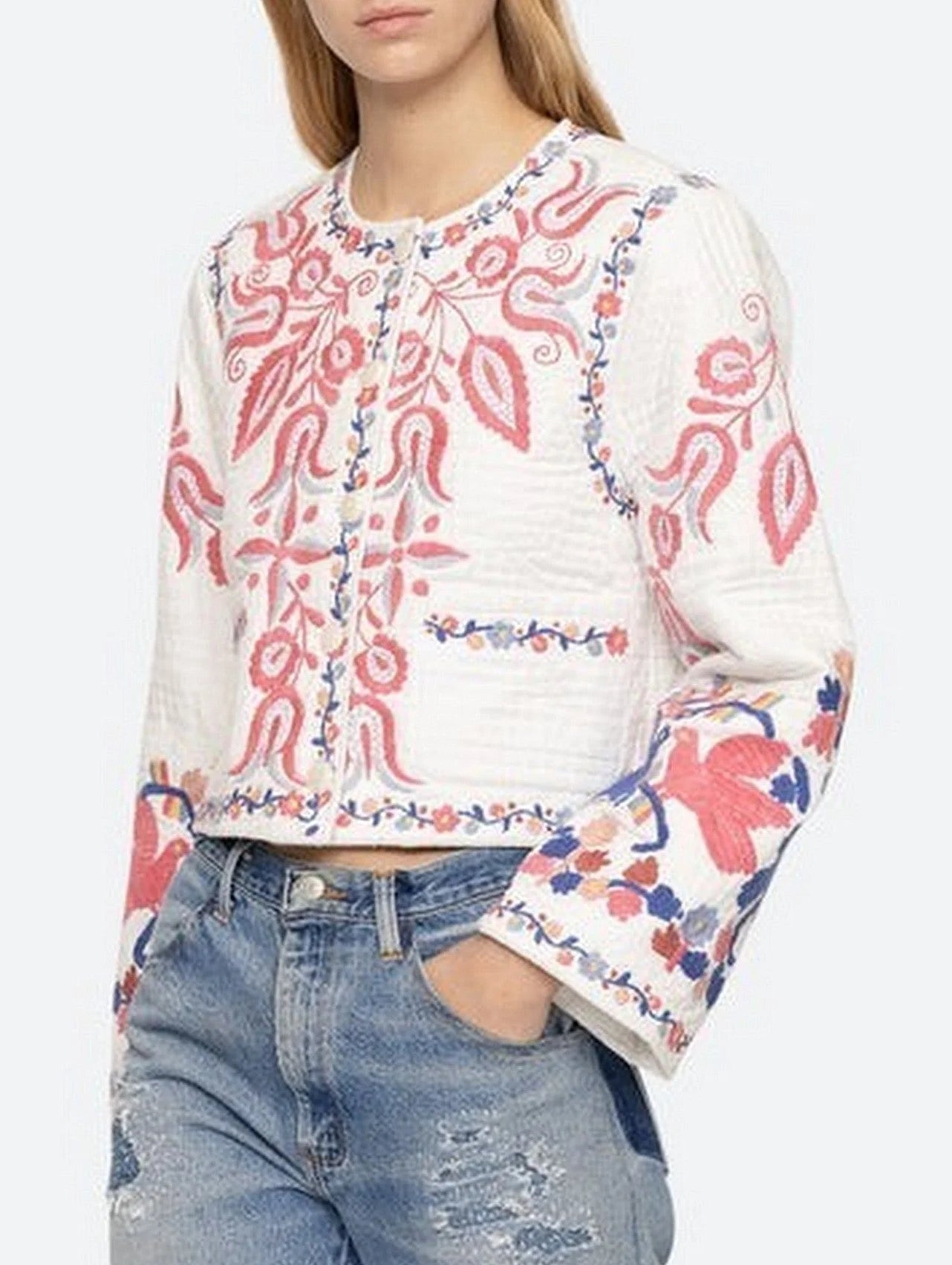 Floral-Embroidered White Cotton Copped Jacket - Jackets