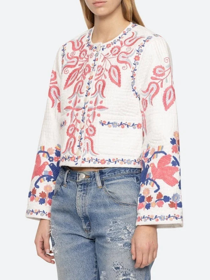 Floral-Embroidered White Cotton Copped Jacket - Jackets