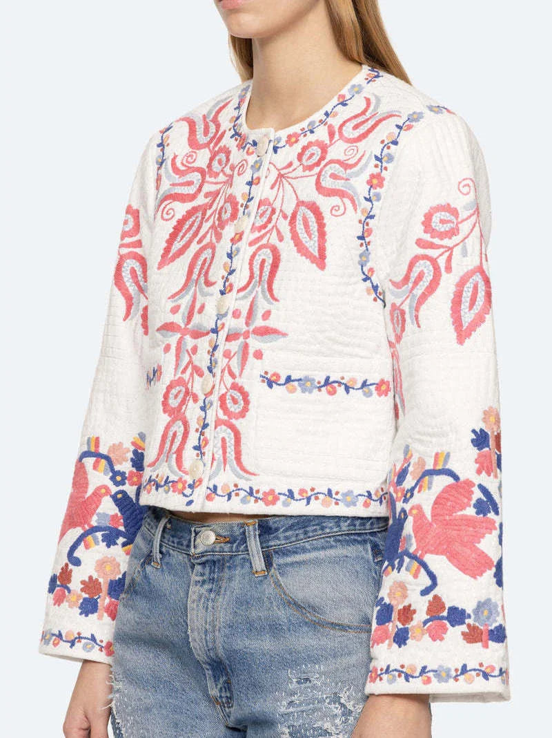 Floral-Embroidered White Cotton Copped Jacket - Jackets