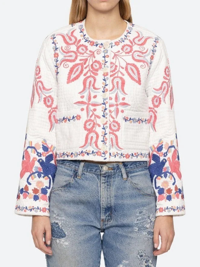 Floral-Embroidered White Cotton Copped Jacket - Jackets