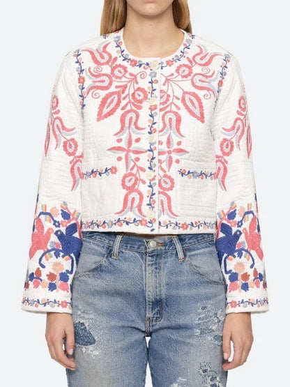 Floral-Embroidered White Cotton Copped Jacket - Jackets
