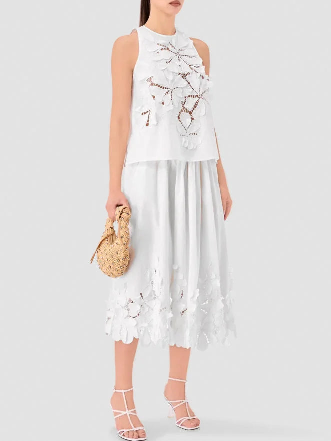 Floral-Embroidered White Top and Skirt Set - Suits & Sets
