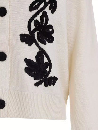 Floral-Embroidered Wool Cardigan Sweater - Sweaters & Knitwear