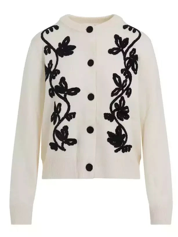 Floral-Embroidered Wool Cardigan Sweater - Small / White - Sweaters & Knitwear