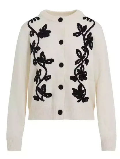 Floral-Embroidered Wool Cardigan Sweater - Small / White - Sweaters & Knitwear