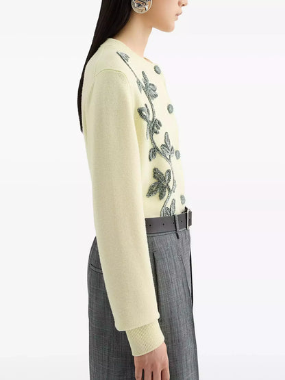 Floral-Embroidered Wool Cardigan Sweater - Sweaters & Knitwear