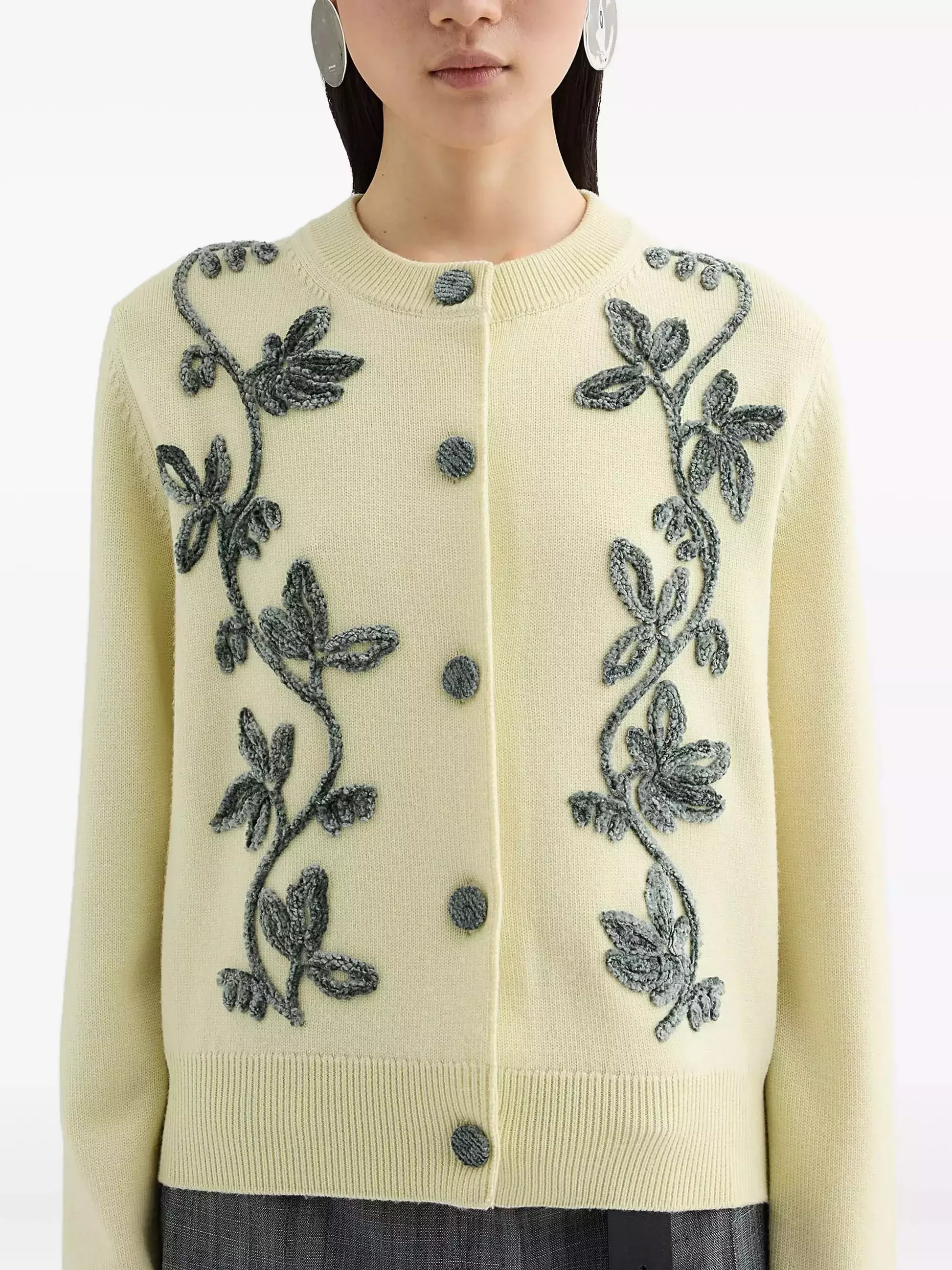 Floral-Embroidered Wool Cardigan Sweater - Sweaters & Knitwear