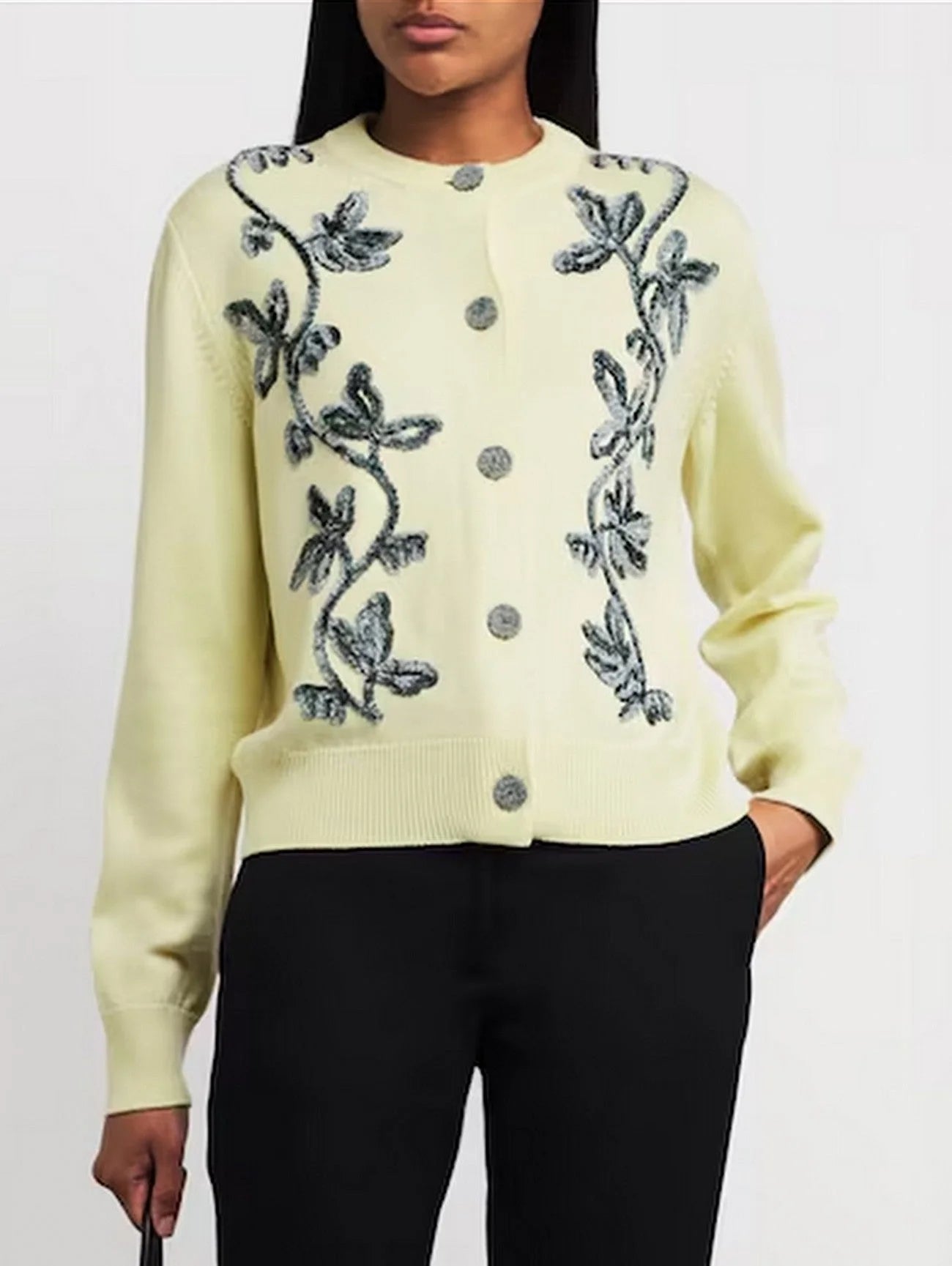 Floral-Embroidered Wool Cardigan Sweater - Sweaters & Knitwear