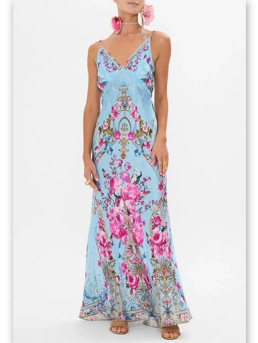 Floral Garden Printed Long Silk Light Blue Slip Dress - Branna Couture