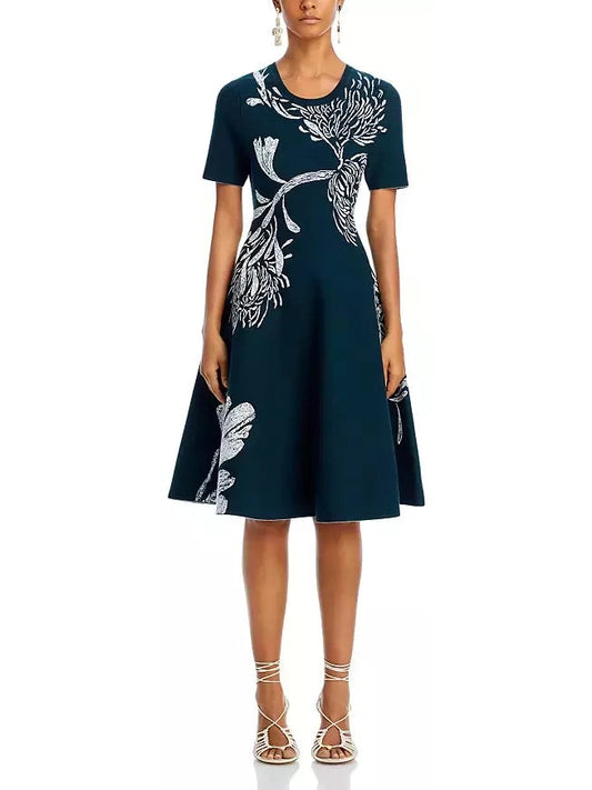 Floral Jacquard Knit A-Line Dress - Branna Couture