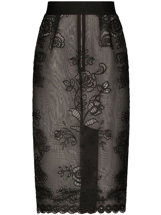 Floral-Lace Sheer Skirt, Black - Branna Couture