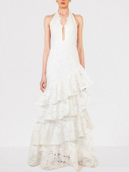 Floral-Lace Tiered Halterneck Maxi Dress in White - Small - Dresses