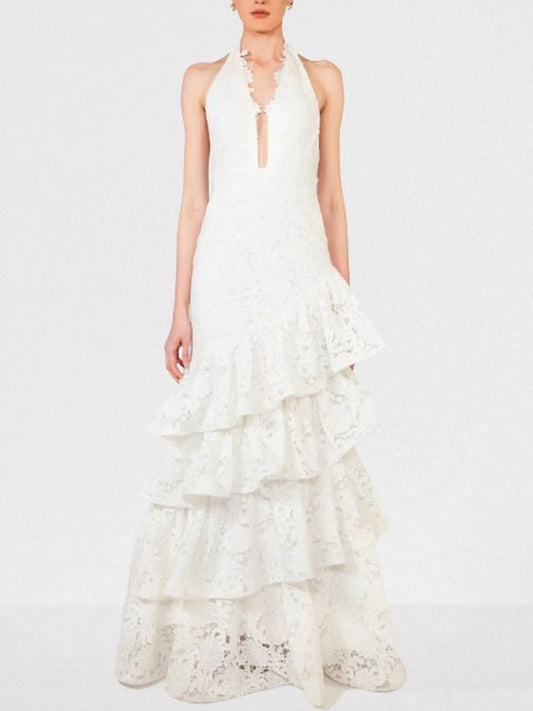 Floral-Lace Tiered Halterneck Maxi Dress in White - Small - Dresses