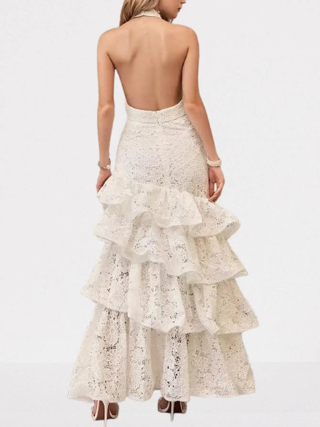 Floral-Lace Tiered Halterneck Maxi Dress in White - Dresses