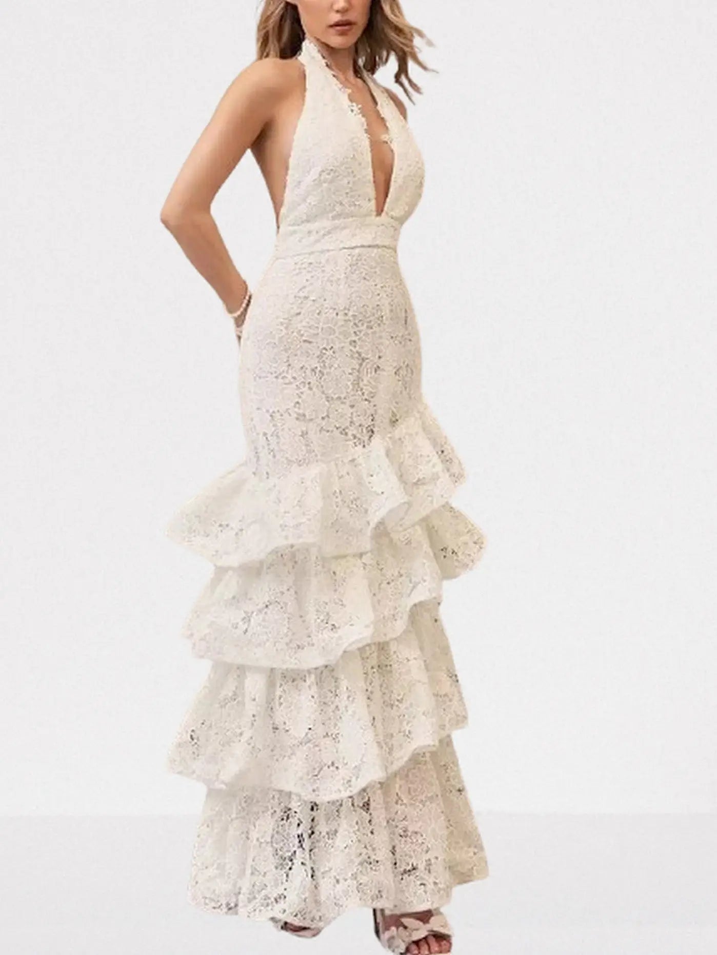 Floral-Lace Tiered Halterneck Maxi Dress in White - Dresses