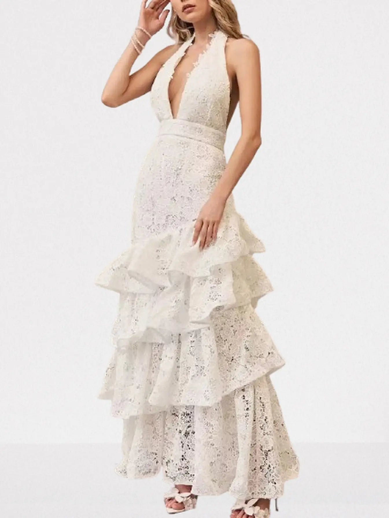 Floral-Lace Tiered Halterneck Maxi Dress in White - Dresses