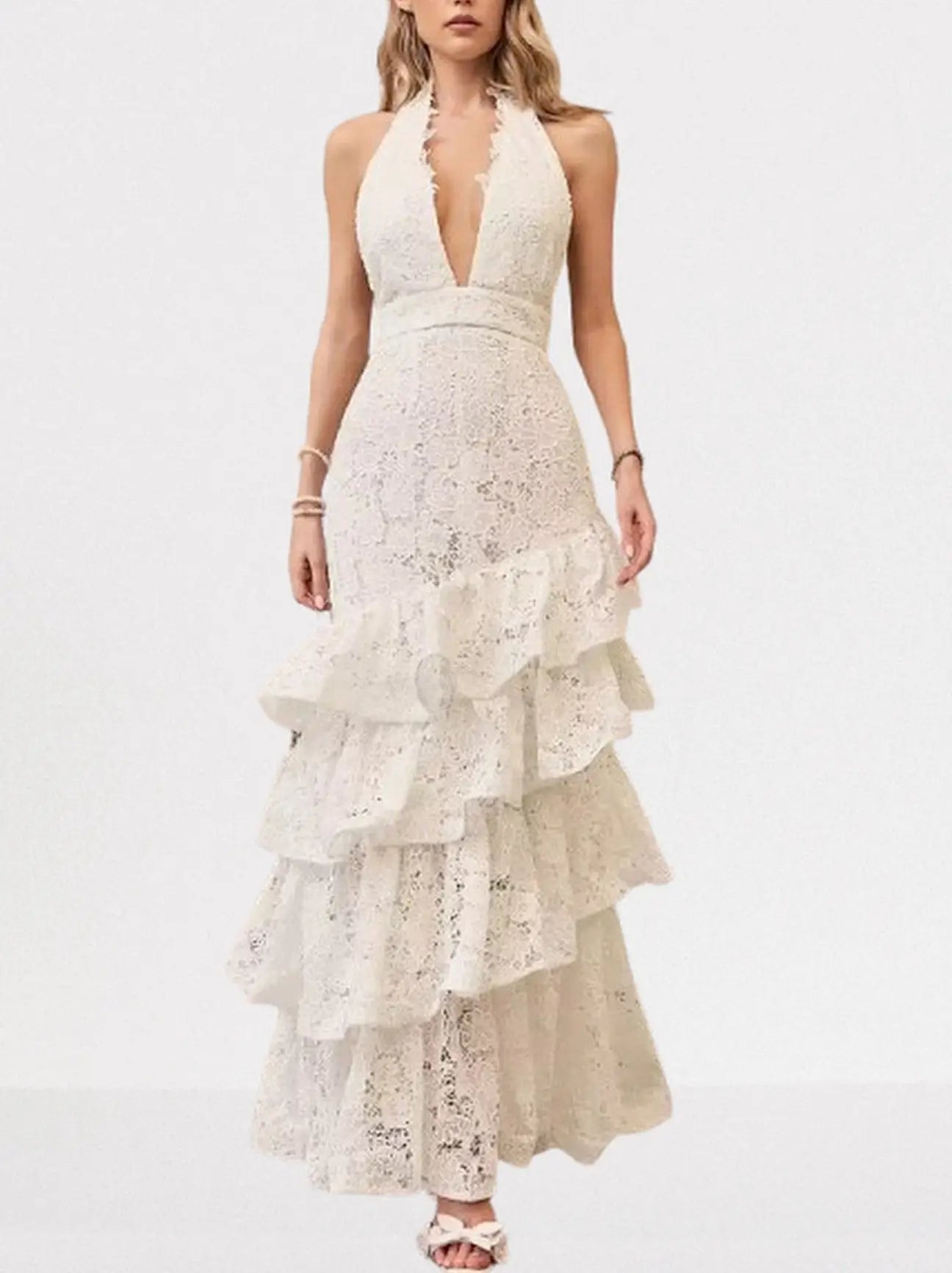 Floral-Lace Tiered Halterneck Maxi Dress in White - Dresses