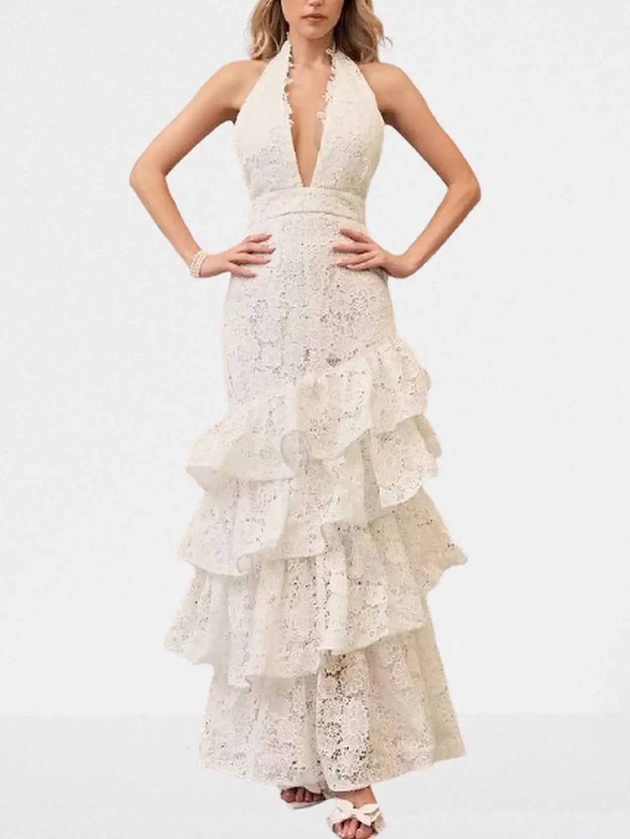 Floral-Lace Tiered Halterneck Maxi Dress in White - Dresses