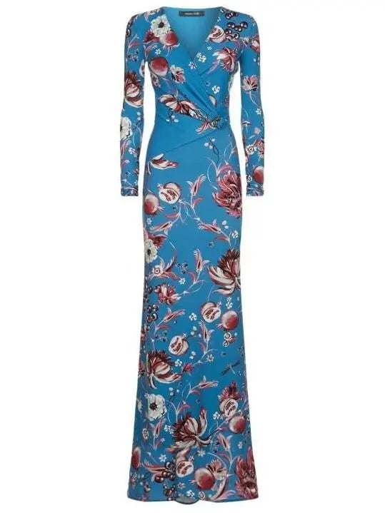 Floral Long Wrap-Effect Jersey Silk Gown - Branna Couture